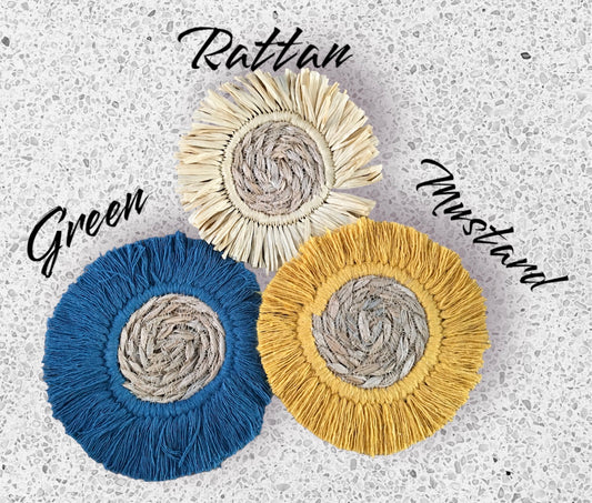 Woven rattan coasters with tassels
